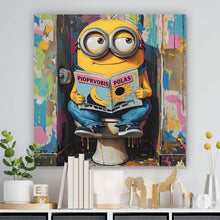 Lade das Bild in den Galerie-Viewer, Acrylglasbild Gelbe Comic Figur liest auf bunter Toilette Zeitung Quadrat