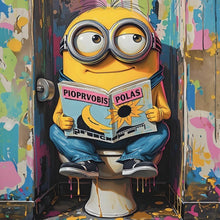 Lade das Bild in den Galerie-Viewer, Leinwandbild Gelbe Comic Figur liest auf bunter Toilette Zeitung Quadrat