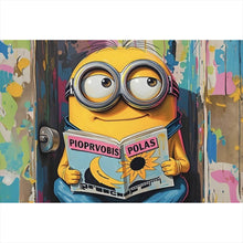 Lade das Bild in den Galerie-Viewer, Acrylglasbild Gelbe Comic Figur liest auf bunter Toilette Zeitung Querformat