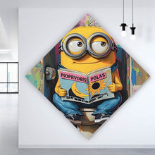 Lade das Bild in den Galerie-Viewer, Aluminiumbild Gelbe Comic Figur liest auf bunter Toilette Zeitung Raute