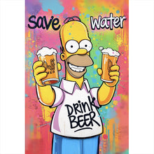 Lade das Bild in den Galerie-Viewer, Poster Gelbe Comicfigur mit Spruch Save Water Drink Beer Hochformat