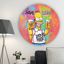 Lade das Bild in den Galerie-Viewer, Aluminiumbild gebürstet Gelbe Comicfigur mit Spruch Save Water Drink Beer Kreis