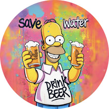 Lade das Bild in den Galerie-Viewer, Aluminiumbild gebürstet Gelbe Comicfigur mit Spruch Save Water Drink Beer Kreis