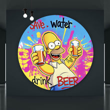 Lade das Bild in den Galerie-Viewer, Aluminiumbild gebürstet Gelbe Comicfigur mit Spruch Save Water Drink Beer No 2 Kreis
