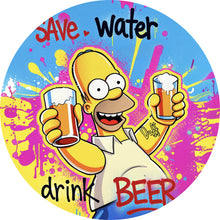 Lade das Bild in den Galerie-Viewer, Aluminiumbild gebürstet Gelbe Comicfigur mit Spruch Save Water Drink Beer No 2 Kreis