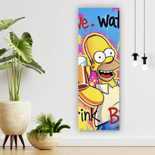 Lade das Bild in den Galerie-Viewer, Leinwandbild Gelbe Comicfigur mit Spruch Save Water Drink Beer No 2 Panorama Hoch