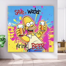Lade das Bild in den Galerie-Viewer, Leinwandbild Gelbe Comicfigur mit Spruch Save Water Drink Beer No 2 Quadrat