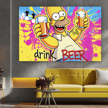 Lade das Bild in den Galerie-Viewer, Spannrahmenbild Gelbe Comicfigur mit Spruch Save Water Drink Beer No 2 Querformat
