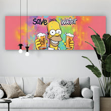 Lade das Bild in den Galerie-Viewer, Leinwandbild Gelbe Comicfigur mit Spruch Save Water Drink Beer Panorama