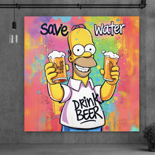 Lade das Bild in den Galerie-Viewer, Leinwandbild Gelbe Comicfigur mit Spruch Save Water Drink Beer Quadrat