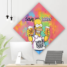 Lade das Bild in den Galerie-Viewer, Leinwandbild Gelbe Comicfigur mit Spruch Save Water Drink Beer Raute