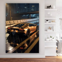 Lade das Bild in den Galerie-Viewer, Acrylglasbild Goldener Sportwagen auf nasser Straße bei Nacht Hochformat