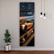 Lade das Bild in den Galerie-Viewer, Leinwandbild Goldener Sportwagen auf nasser Straße bei Nacht Panorama Hoch
