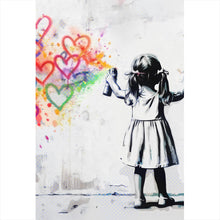 Lade das Bild in den Galerie-Viewer, Aluminiumbild gebürstet Graffiti Mädchen sprüht Herzformen an die Wand Hochformat