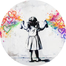 Lade das Bild in den Galerie-Viewer, Aluminiumbild Graffiti Mädchen sprüht Herzformen an die Wand Kreis