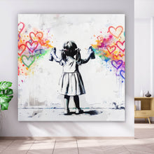 Lade das Bild in den Galerie-Viewer, Aluminiumbild Graffiti Mädchen sprüht Herzformen an die Wand Quadrat