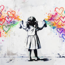 Lade das Bild in den Galerie-Viewer, Aluminiumbild Graffiti Mädchen sprüht Herzformen an die Wand Quadrat