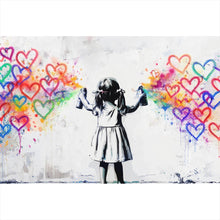 Lade das Bild in den Galerie-Viewer, Spannrahmenbild Graffiti Mädchen sprüht Herzformen an die Wand Querformat