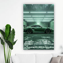 Lade das Bild in den Galerie-Viewer, Acrylglasbild Grünes Sportauto in futuristischer Halle Hochformat