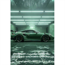 Lade das Bild in den Galerie-Viewer, Aluminiumbild Grünes Sportauto in futuristischer Halle Hochformat
