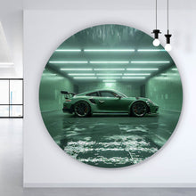 Lade das Bild in den Galerie-Viewer, Aluminiumbild gebürstet Grünes Sportauto in futuristischer Halle Kreis