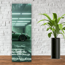 Lade das Bild in den Galerie-Viewer, Aluminiumbild Grünes Sportauto in futuristischer Halle Panorama Hoch