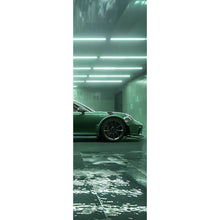 Lade das Bild in den Galerie-Viewer, Aluminiumbild gebürstet Grünes Sportauto in futuristischer Halle Panorama Hoch