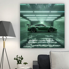 Lade das Bild in den Galerie-Viewer, Leinwandbild Grünes Sportauto in futuristischer Halle Quadrat
