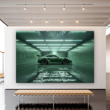 Lade das Bild in den Galerie-Viewer, Poster Grünes Sportauto in futuristischer Halle Querformat