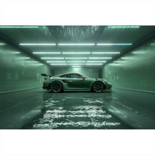 Lade das Bild in den Galerie-Viewer, Aluminiumbild gebürstet Grünes Sportauto in futuristischer Halle Querformat