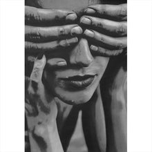 Lade das Bild in den Galerie-Viewer, Leinwandbild Hände verdecken Augen einer Frau Zeichestil Hochformat
