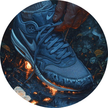 Lade das Bild in den Galerie-Viewer, Aluminiumbild Hand bindet Sneaker über leuchtendem Boden Kreis