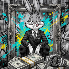 Lade das Bild in den Galerie-Viewer, Aluminiumbild Hase in einem eleganten Anzug hinter Geldstapeln Quadrat
