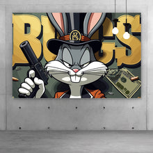 Lade das Bild in den Galerie-Viewer, Aluminiumbild Hase mit Zylinder und Pistole Querformat