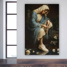 Lade das Bild in den Galerie-Viewer, Acrylglasbild Heilige Frau mit Sneaker umgeben von Rosenblüten Hochformat