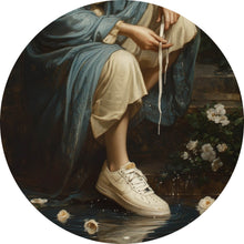 Lade das Bild in den Galerie-Viewer, Aluminiumbild gebürstet Heilige Frau mit Sneaker umgeben von Rosenblüten Kreis