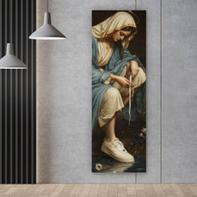 Lade das Bild in den Galerie-Viewer, Acrylglasbild Heilige Frau mit Sneaker umgeben von Rosenblüten Panorama Hoch