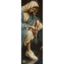 Lade das Bild in den Galerie-Viewer, Aluminiumbild Heilige Frau mit Sneaker umgeben von Rosenblüten Panorama Hoch