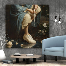 Lade das Bild in den Galerie-Viewer, Acrylglasbild Heilige Frau mit Sneaker umgeben von Rosenblüten Quadrat