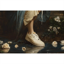 Lade das Bild in den Galerie-Viewer, Aluminiumbild gebürstet Heilige Frau mit Sneaker umgeben von Rosenblüten Querformat