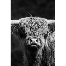 Lade das Bild in den Galerie-Viewer, Leinwandbild Highland Rind Schwarz-Weiß Hochformat