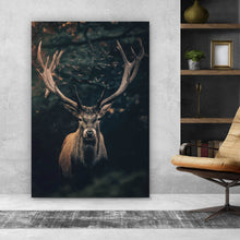 Lade das Bild in den Galerie-Viewer, Acrylglasbild Hirsch am düsteren Waldrand Hochformat