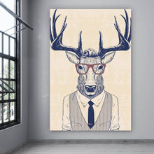Lade das Bild in den Galerie-Viewer, Leinwandbild Hirsch mit Anzug im Zeichenstil Hochformat