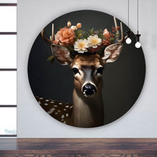 Lade das Bild in den Galerie-Viewer, Aluminiumbild Hirsch mit blumengeschmücktem Geweih Kreis