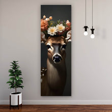 Lade das Bild in den Galerie-Viewer, Acrylglasbild Hirsch mit blumengeschmücktem Geweih Panorama Hoch