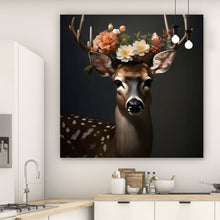 Lade das Bild in den Galerie-Viewer, Spannrahmenbild Hirsch mit blumengeschmücktem Geweih Quadrat