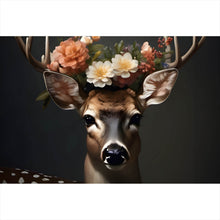 Lade das Bild in den Galerie-Viewer, Aluminiumbild Hirsch mit blumengeschmücktem Geweih Querformat
