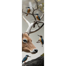 Lade das Bild in den Galerie-Viewer, Aluminiumbild gebürstet Hirsch Vögel Kunstwerk Panorama Hoch