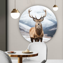 Lade das Bild in den Galerie-Viewer, Aluminiumbild Hirsch vor schneebedeckten Berglandschaft Kreis