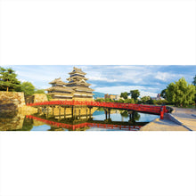 Lade das Bild in den Galerie-Viewer, Acrylglasbild Historische Burg mit roter Brücke und Wasserreflektion Panorama